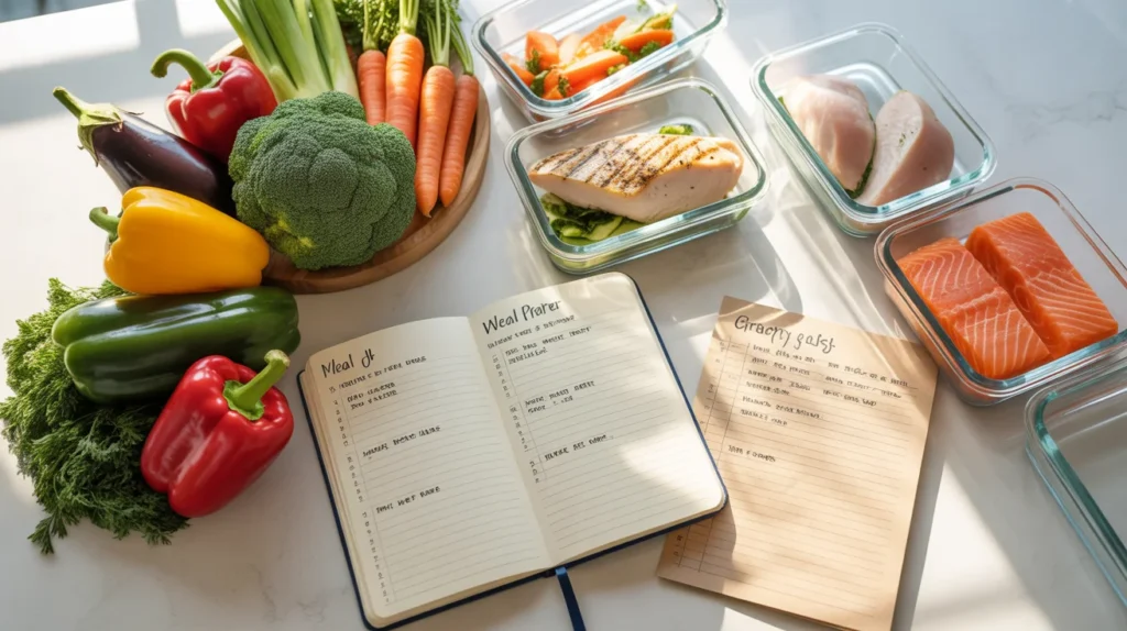 Weekly meal prep plan layout with fresh vegetables, proteins, glass containers, and a grocery list on a clean kitchen counter