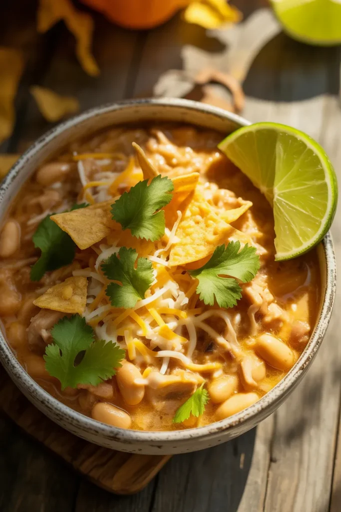  White chicken chili crockpot dump meal recipe topped with tortilla chips cheese and lime.