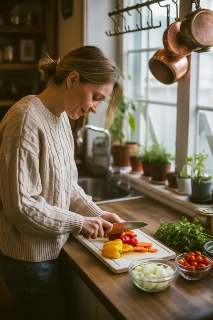 Woman chopping fresh vegetables for 30-minute meal prep in a cozy kitchen with prepped ingredients in glass bowls