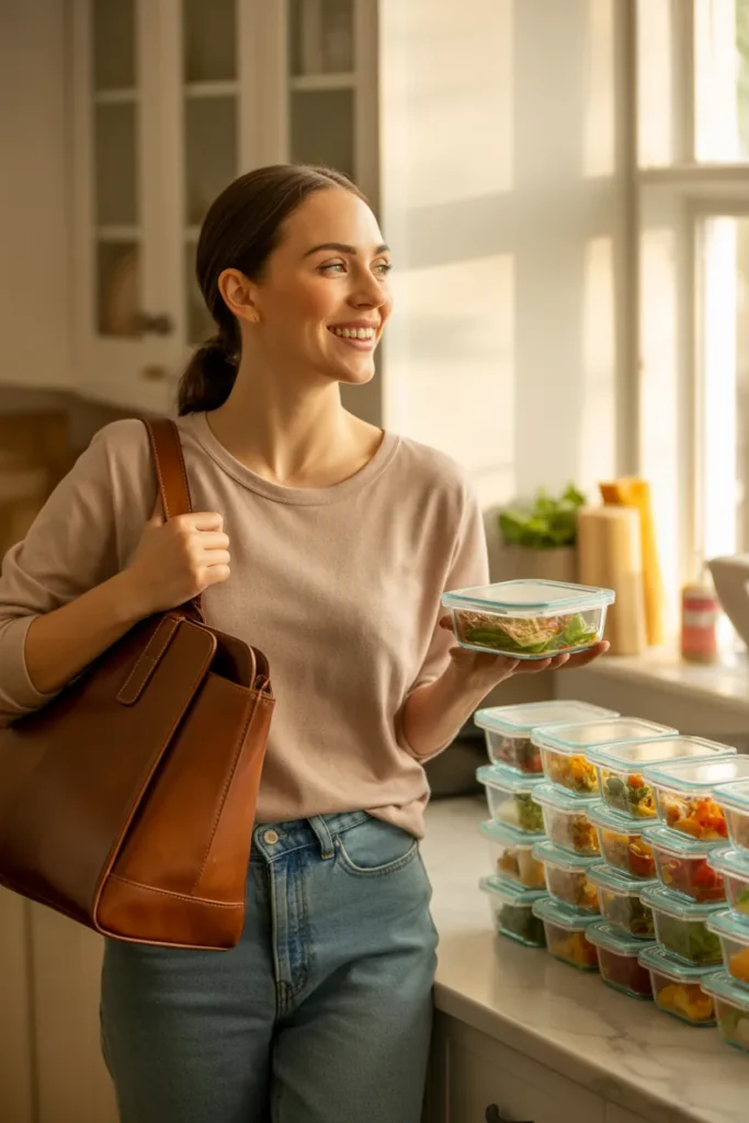  Woman packing healthy lunch meal prep for work from fridge in morning