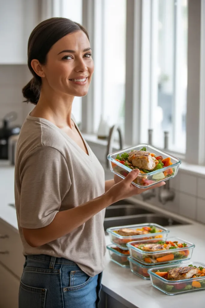 Woman preparing easy chicken meal prep recipes for the week