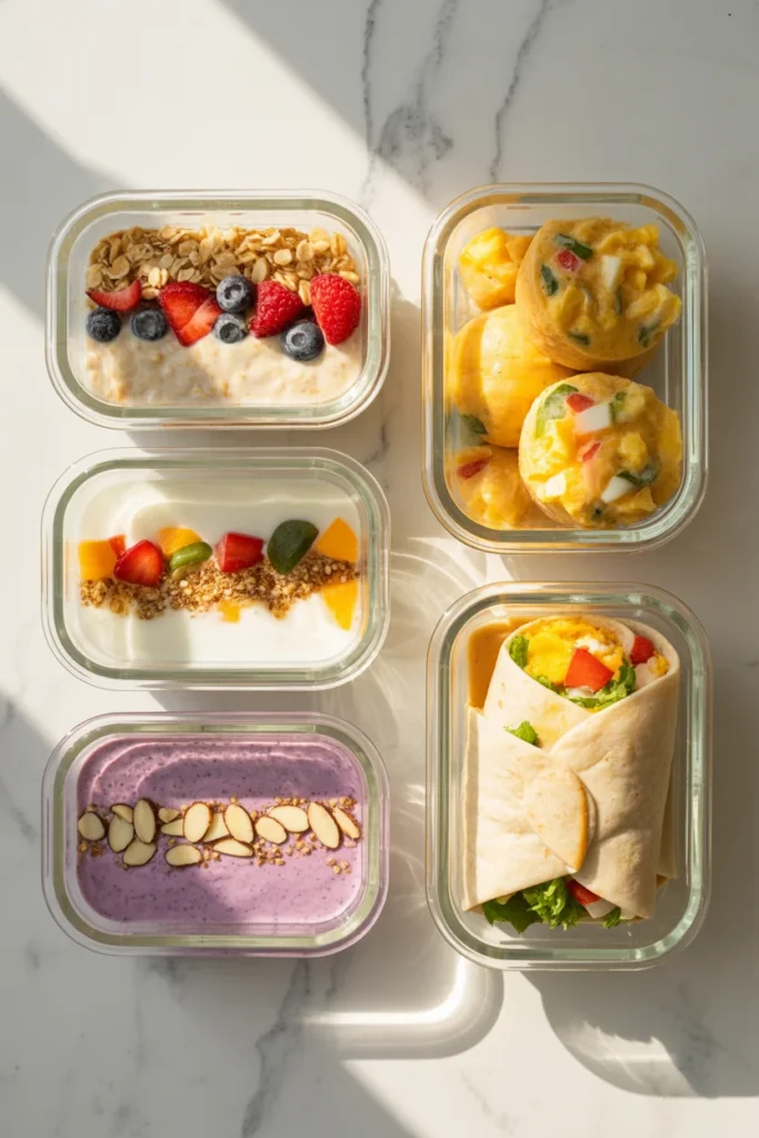 Five glass containers with different breakfast meal prep ideas lined up on a marble counter