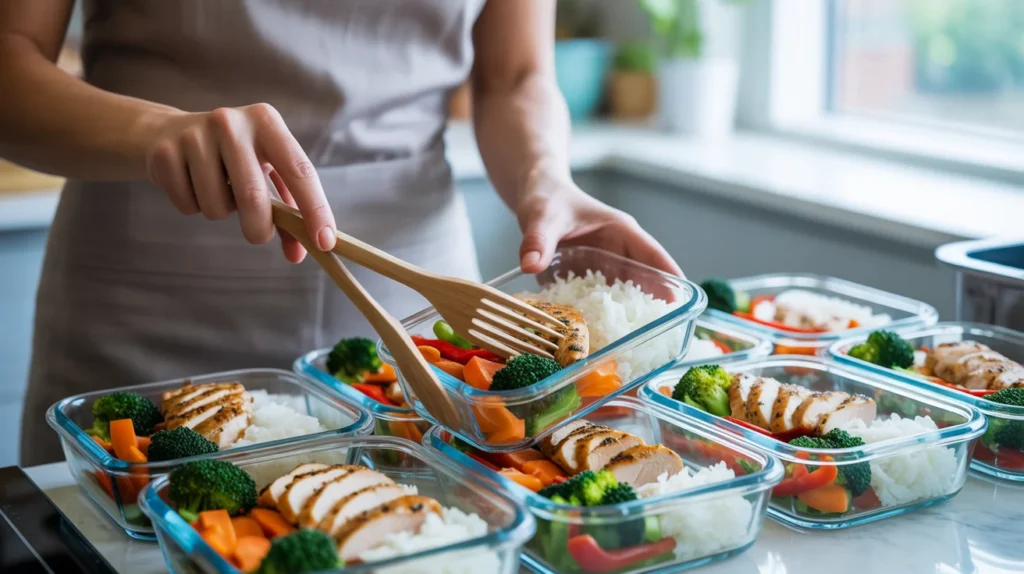 assembling easy meal prep boxes with balanced portions