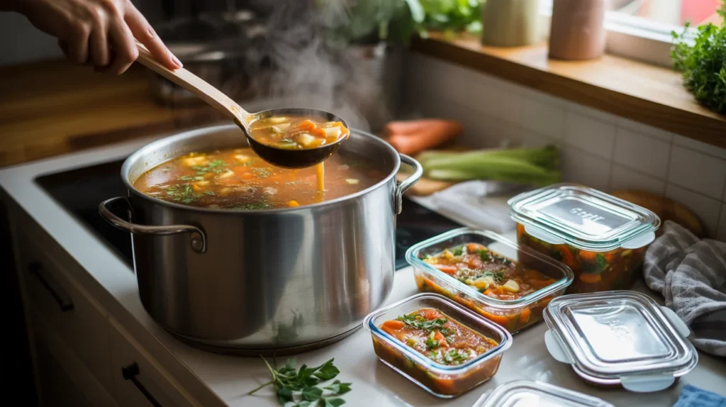 batch cooking meal prep with soup divided into portions