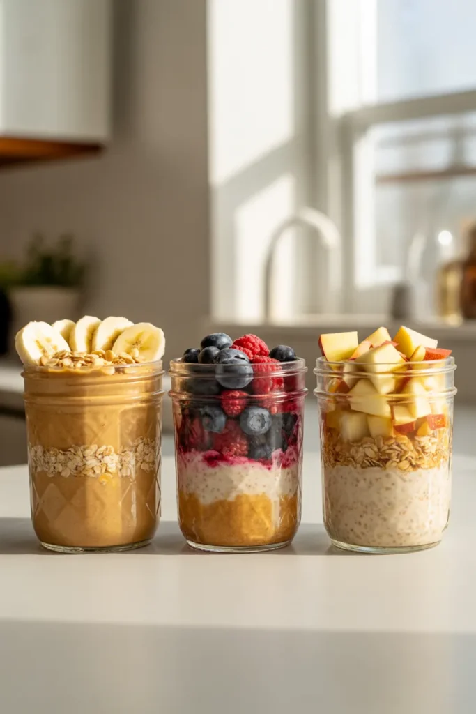easy overnight oats meal prep for weight loss in mason jars — peanut butter banana, berry, and apple cinnamon flavors