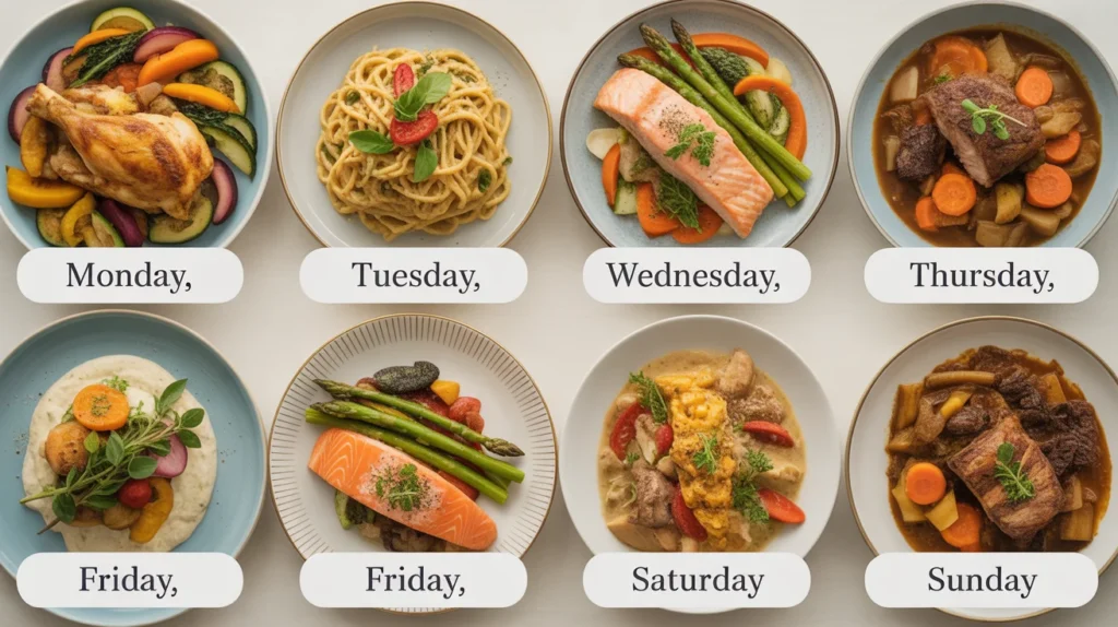 seven-day weekly family meal prep plan showing colorful dinner plates for each day of the week