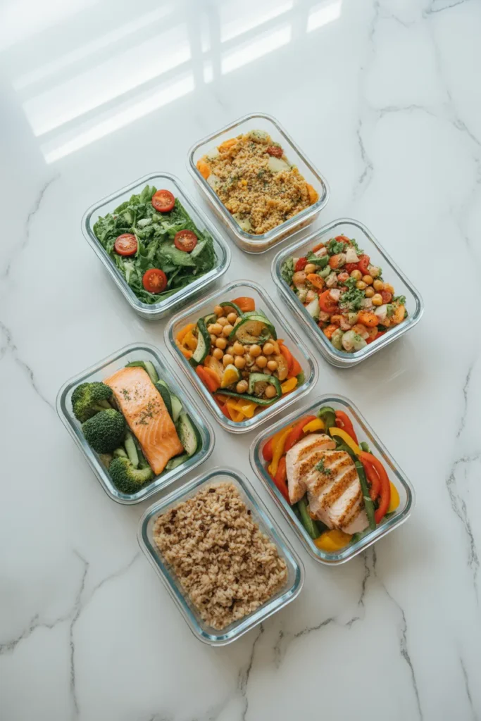 healthy meal prep ideas for weight loss — five glass containers with grilled chicken, brown rice, and roasted vegetables on a marble surface