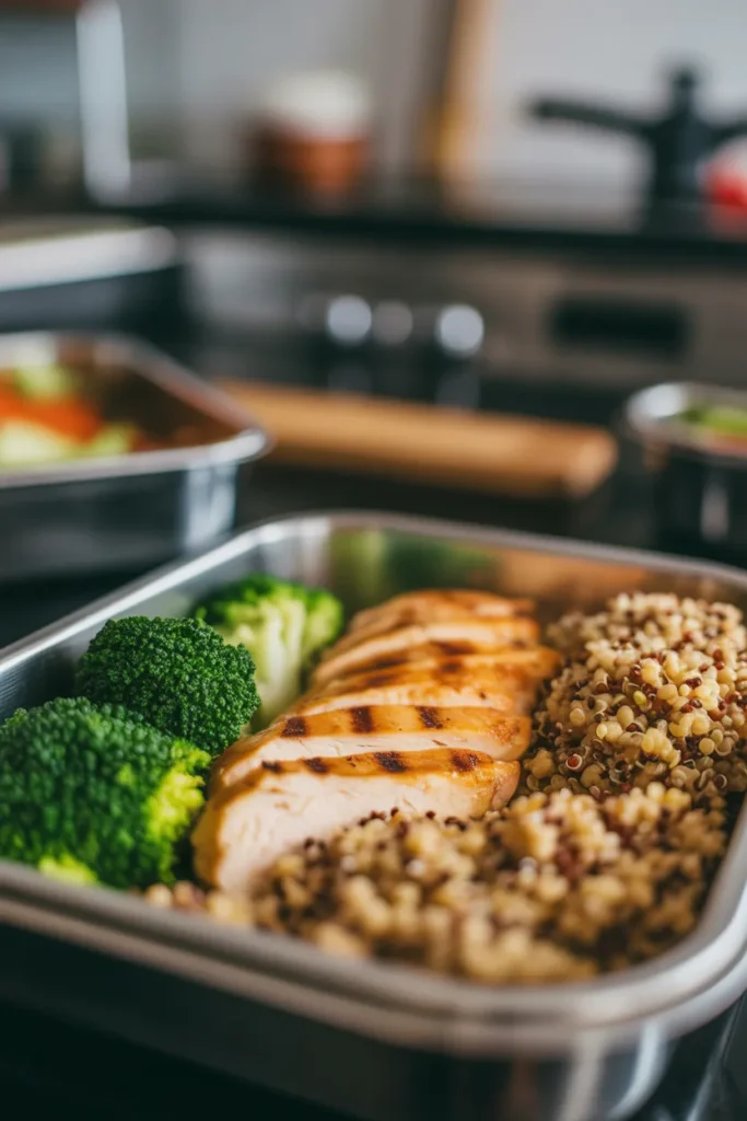 high protein meal prep for weight loss with grilled chicken breast, broccoli, and quinoa in a glass container