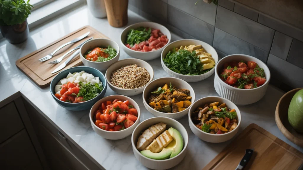 hybrid meal prep with ingredients ready for flexible meals