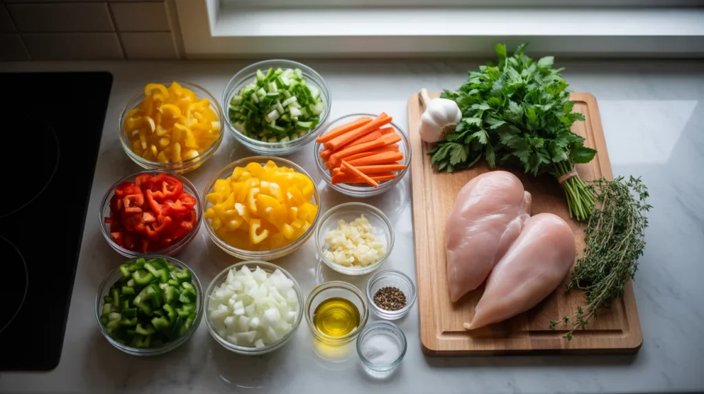  ingredient prepping with chopped vegetables ready for cooking