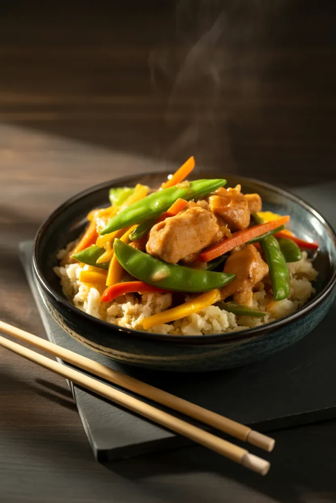 low calorie chicken stir-fry with cauliflower rice — healthy meal prep idea for weight loss