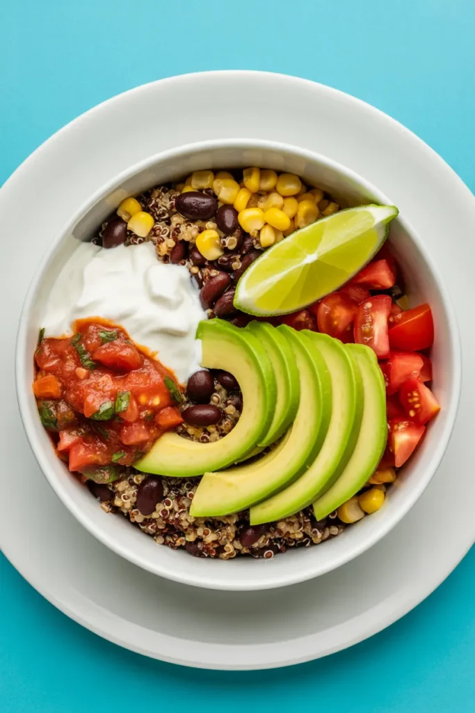 plant-based black bean quinoa burrito bowl for healthy meal prep weight loss — high protein and high fiber