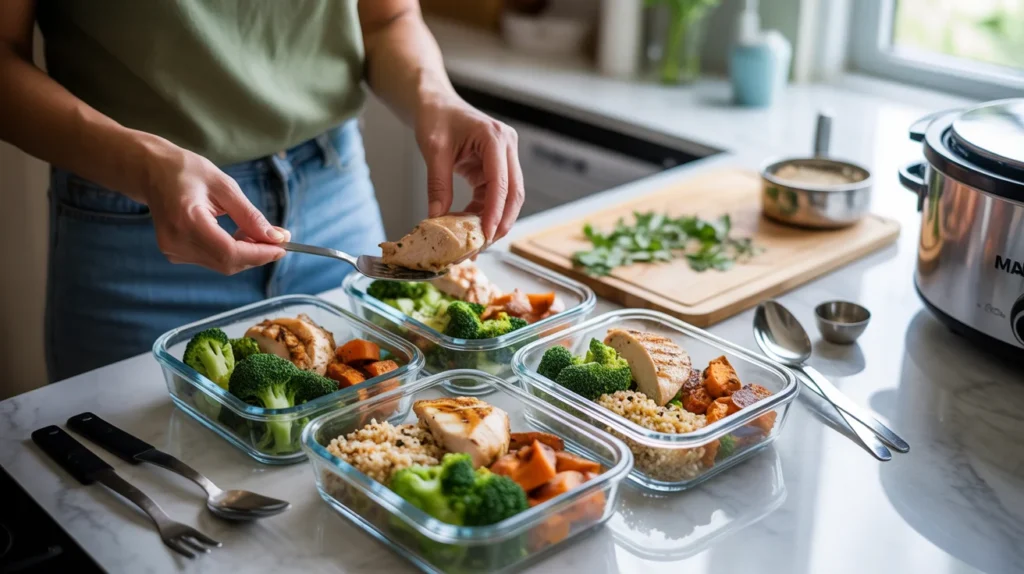 portioning meals into containers during prep