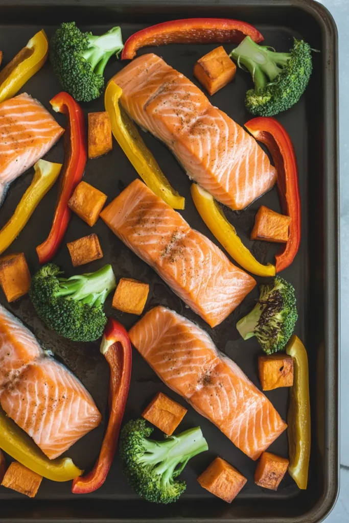 sheet pan salmon meal prep recipe for weight loss with roasted broccoli, peppers, and sweet potatoes