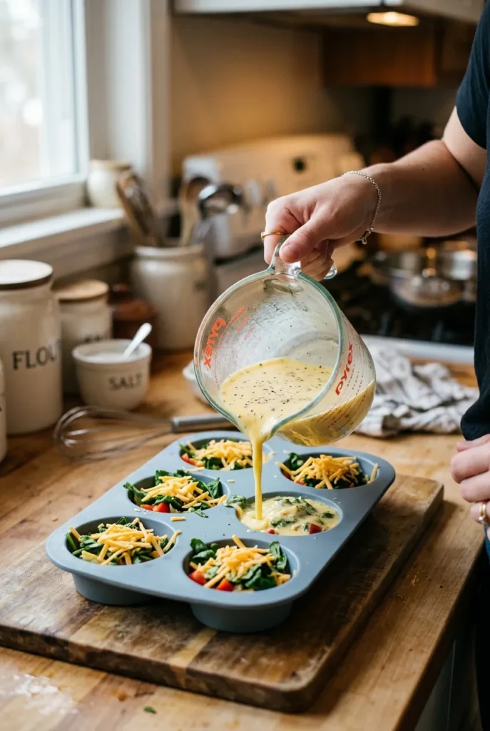A hand pouring egg mixture into a silicone muffin tin filled with spinach and shredded cheese.
