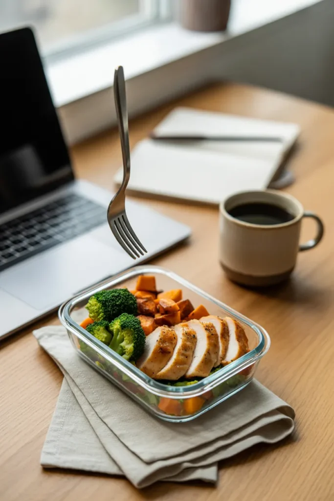 Air fryer meal prep lunch in a glass container at a work desk with laptop in background