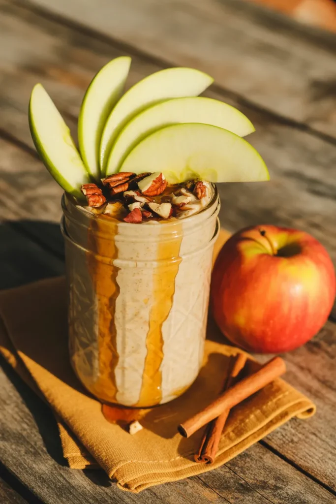 Apple cinnamon overnight oats in a mason jar topped with apple slices and pecans for fall meal prep