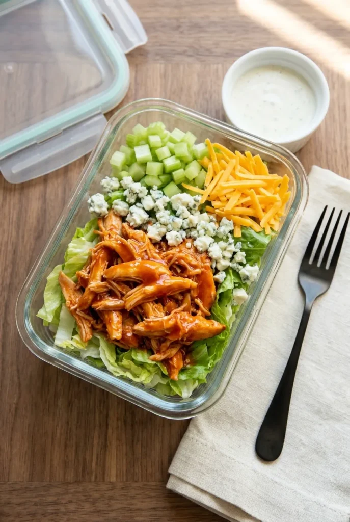 Buffalo chicken keto lunch meal prep bowl with shredded romaine, blue cheese, and ranch on the side.