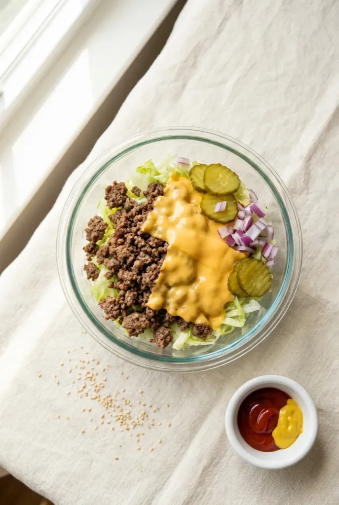 Bunless cheeseburger keto lunch bowl with seasoned ground beef, melted cheese, pickles, and mustard.