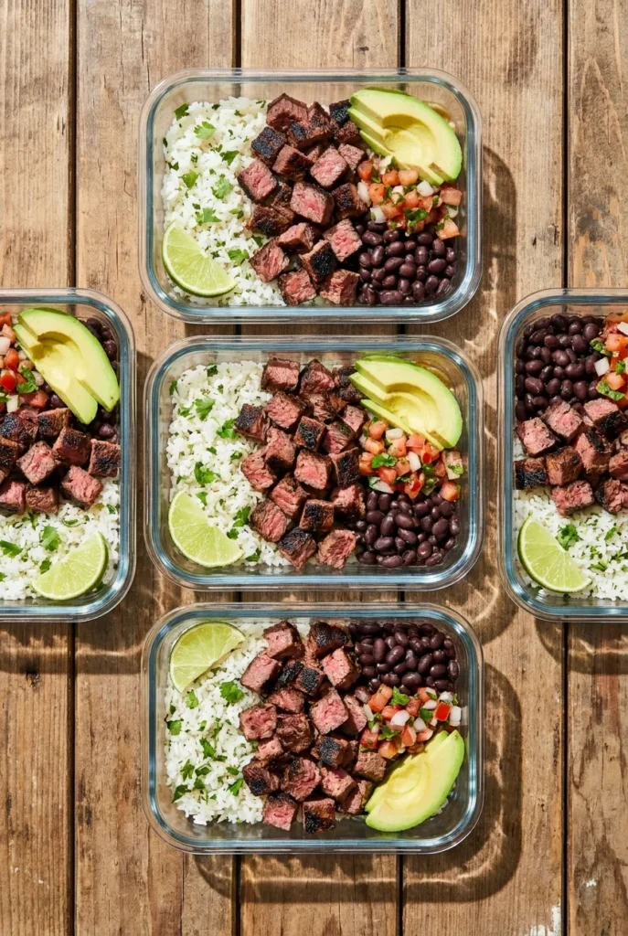 Carne asada meal prep bowls with cilantro lime rice, black beans, pico de gallo, and avocado slices.
