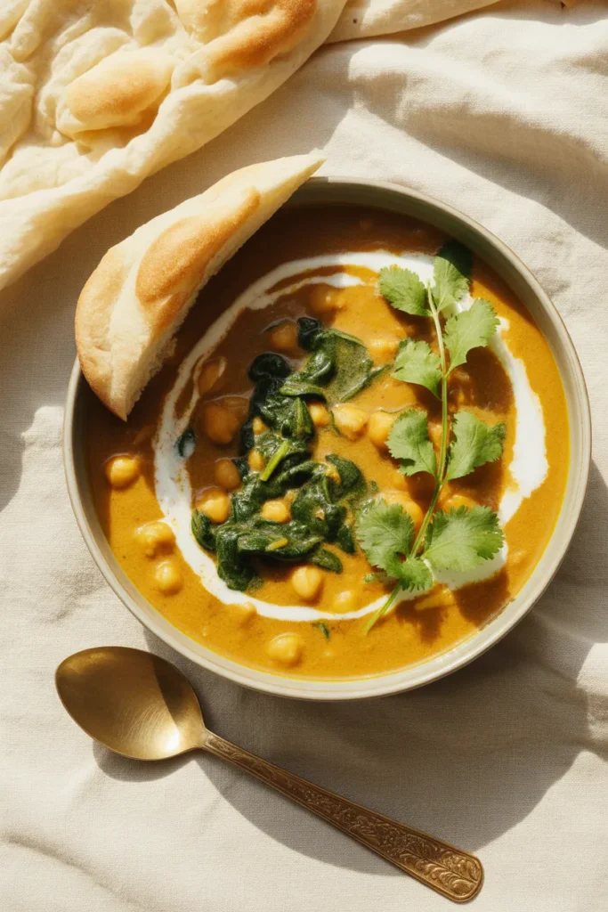 Chickpea coconut curry with wilted spinach, cilantro, and naan in a ceramic bowl on cream linen.