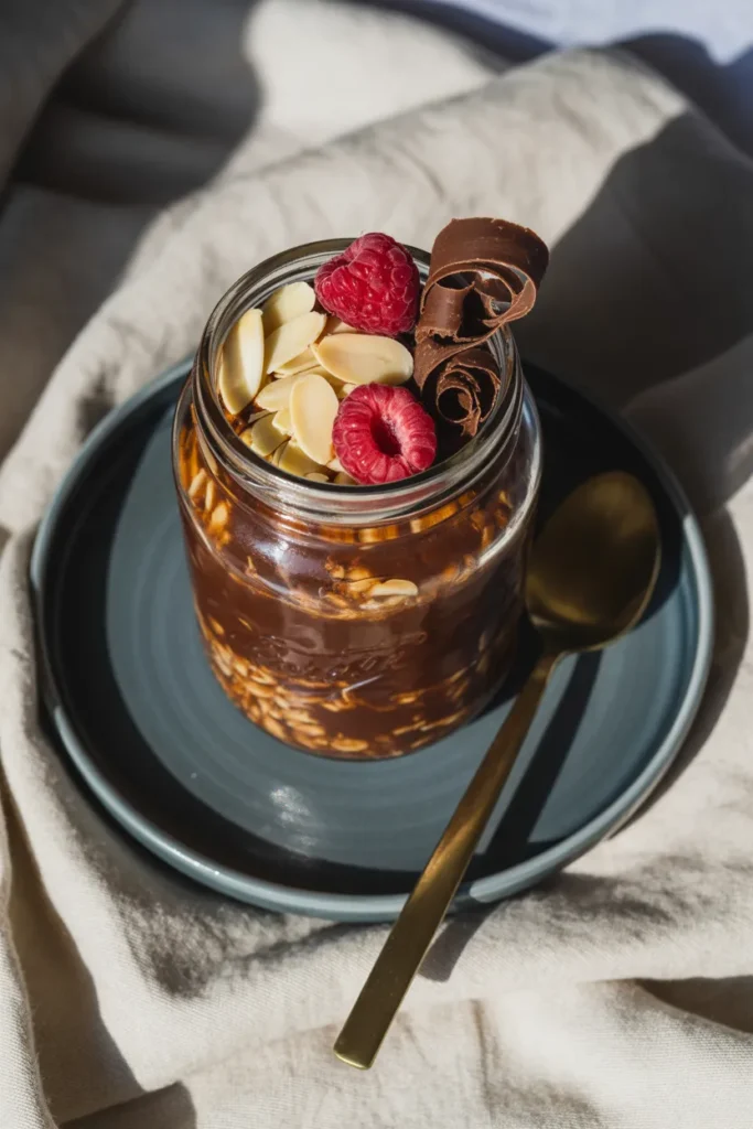 Chocolate almond overnight oats topped with raspberries and sliced almonds in a mason jar