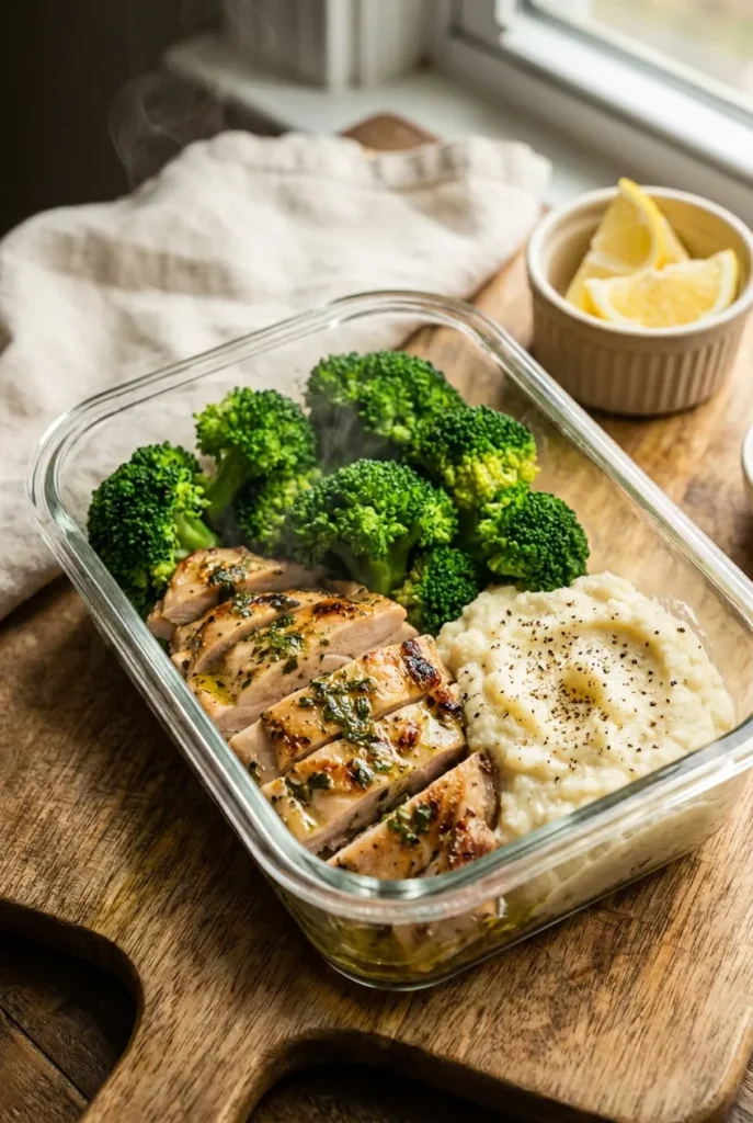 Close-up keto lunch meal prep container with grilled chicken thighs, broccoli, and mashed cauliflower.