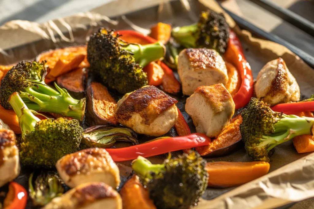 Close-up of caramelized chicken cubes and roasted vegetables on a parchment-lined sheet pan