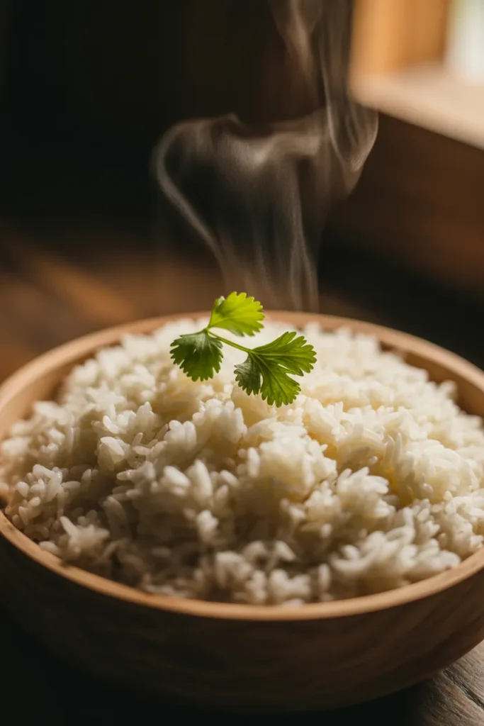 Close-up of fluffy steamed jasmine rice in a wooden bowl with individual grains visible and steam rising.