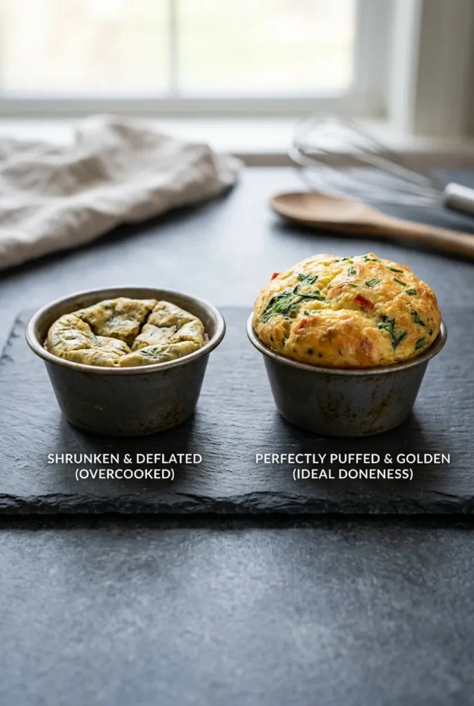 Comparison of a deflated egg muffin cup and a perfectly baked egg muffin cup side by side.