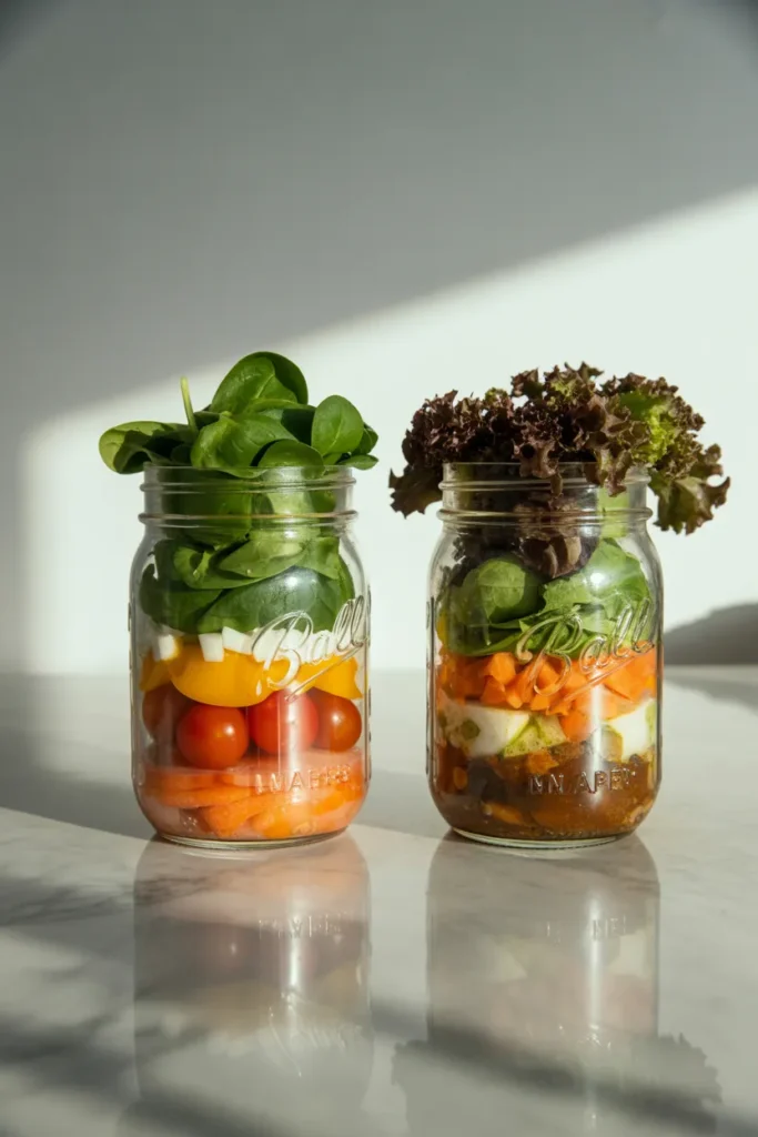Comparison of a properly layered mason jar salad next to a soggy one to show common meal prep mistakes