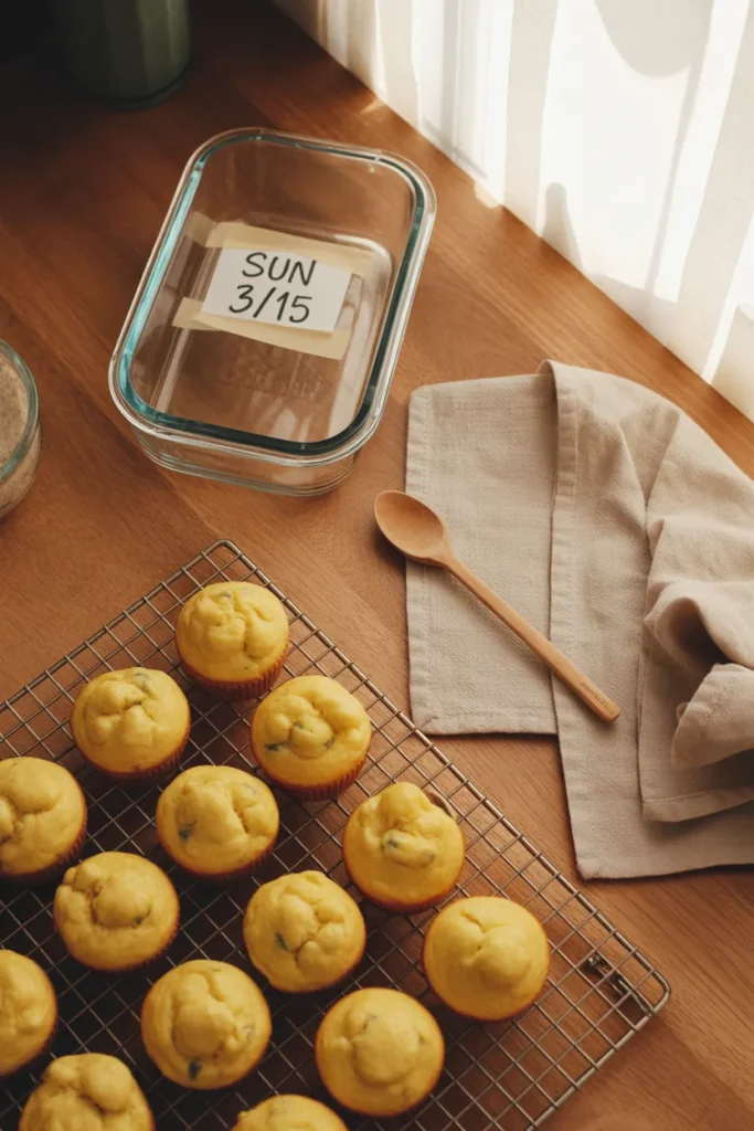 Cooling egg muffins on a wire rack beside a labeled glass meal prep container showing proper keto prep workflow.