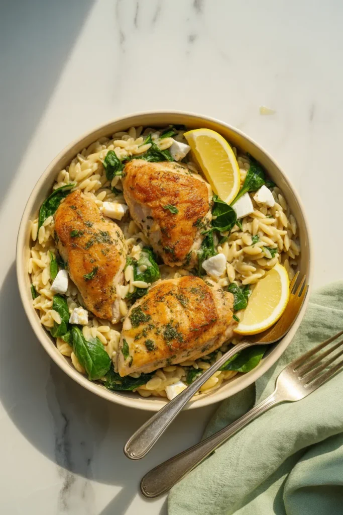 Cream ceramic bowl of lemon garlic chicken orzo with seared chicken thighs, baby spinach, crumbled feta, and fresh parsley on a marble surface.