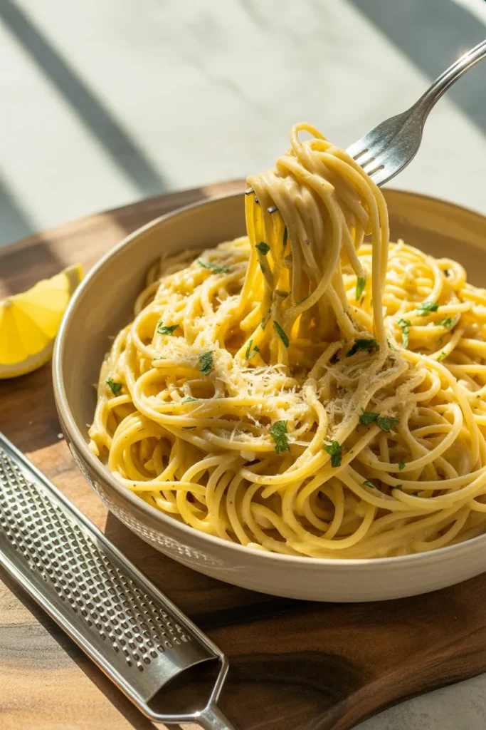 Creamy lemon garlic spaghetti with parmesan and parsley in a pasta bowl on a wood surface.
