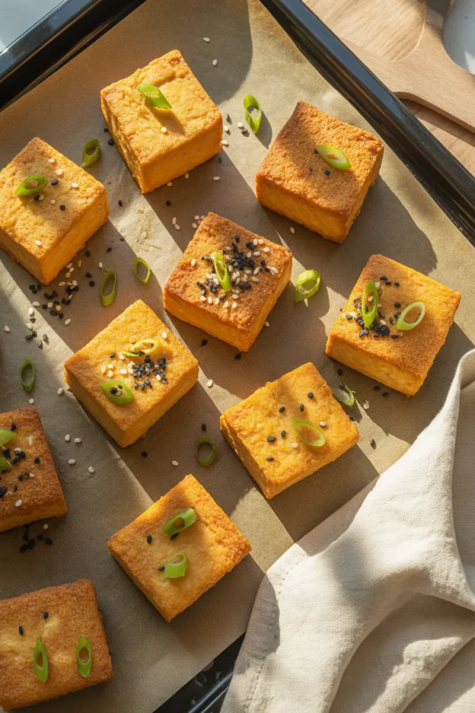 Crispy air-fried tofu cubes with golden crust on a sheet pan, prepped for vegan high protein meal prep bowls.