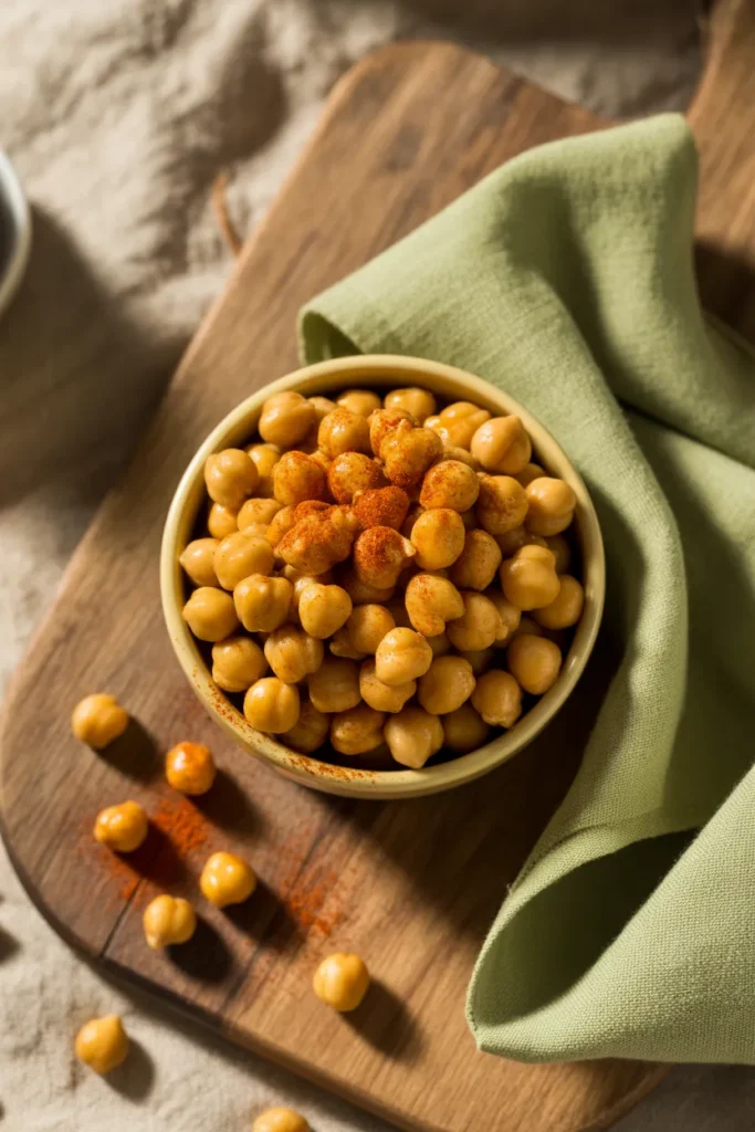 Crispy roasted chickpeas with smoked paprika in a ceramic bowl, a high protein vegan snack and meal prep topping.