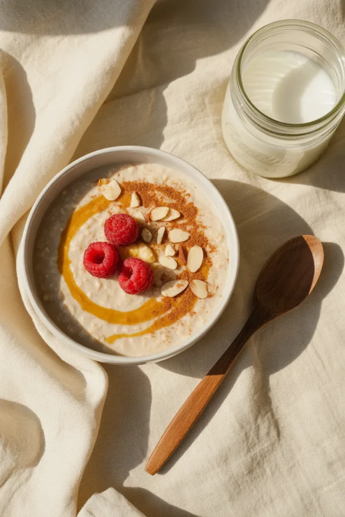 Egg-free keto coconut flour porridge in a white bowl topped with almond butter, cinnamon, and raspberries.
