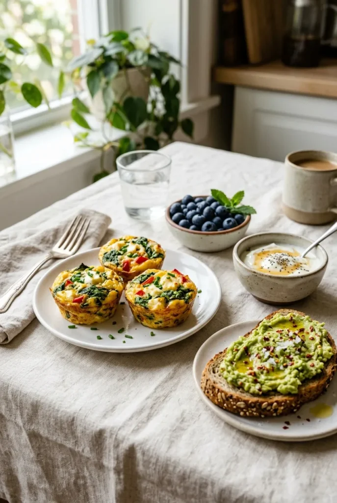 Egg muffin cups served with berries, avocado toast, and Greek yogurt on a cream linen tablecloth.