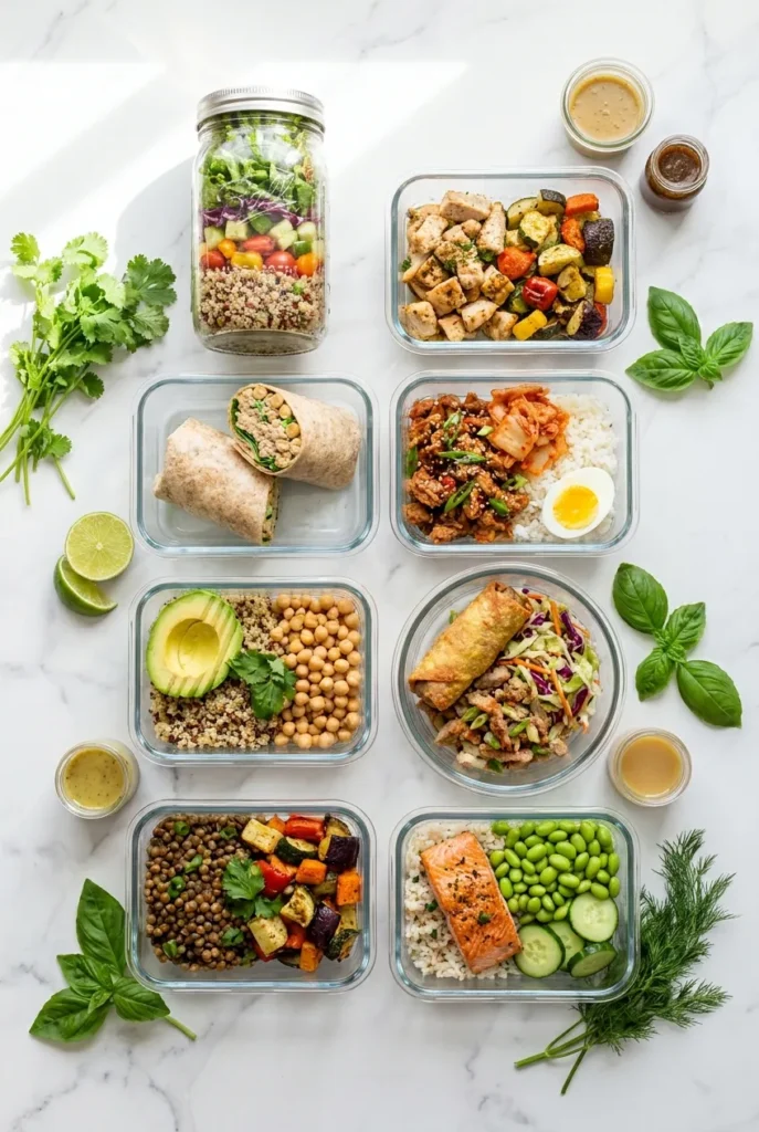 Eight glass meal prep containers showing weight loss lunch ideas including mason jar salad, sheet pan chicken, salmon rice bowl, and Buddha bowl.