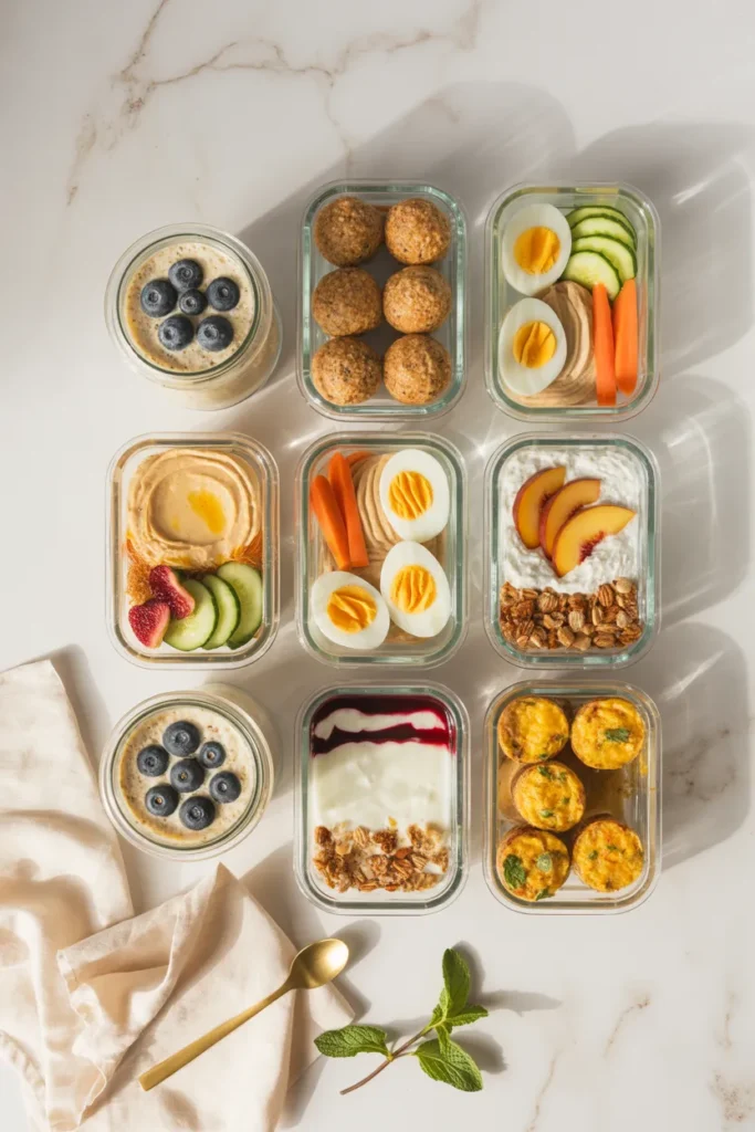 Eight glass meal prep containers with healthy snacks arranged on white marble for Sunday meal prep.