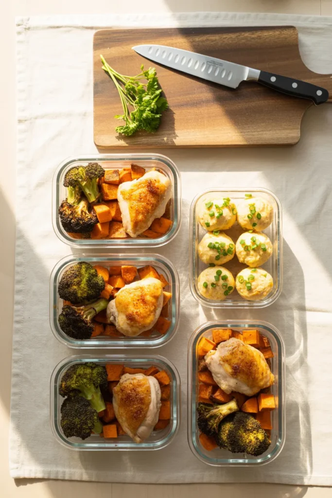 Five air fryer meal prep containers lined up for a week of high protein lunches with egg bites on the side