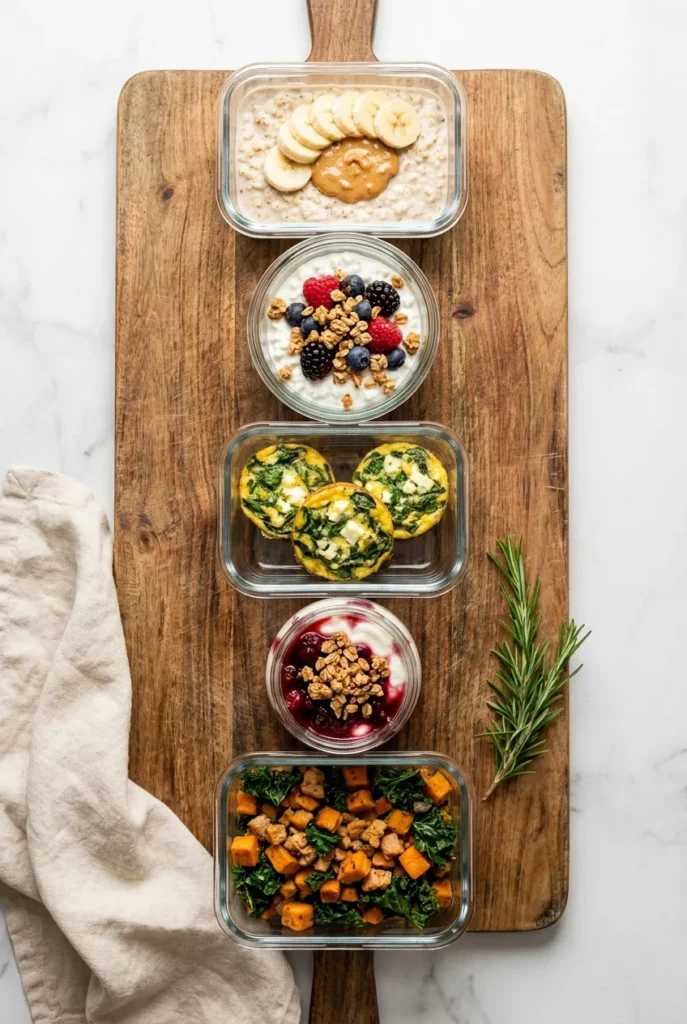 Five glass meal prep containers showing weight loss breakfast options including overnight oats, cottage cheese bowls, egg muffins, parfaits, and sweet potato hash.