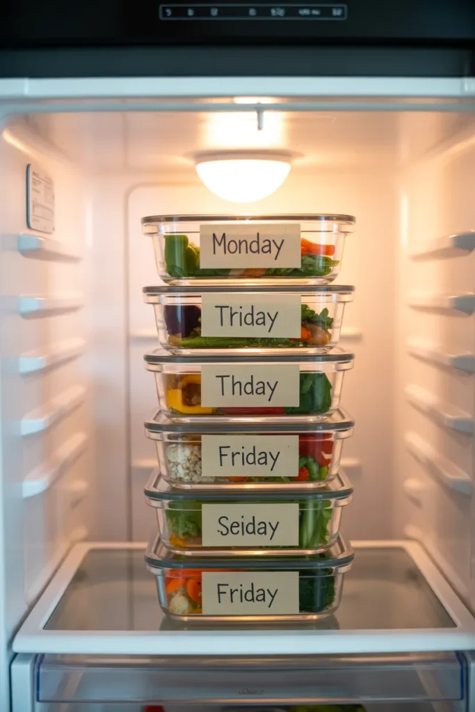 Five glass meal prep containers stacked in a fridge labeled with days of the week for Instant Pot meal prep storage.