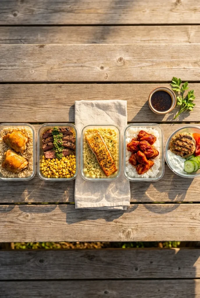 Five glass meal prep containers with summer grilled chicken, steak, salmon, and turkey burgers on a cedar table.