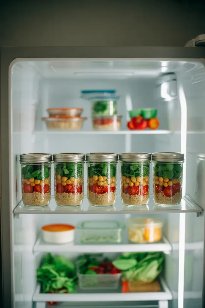 Five mason jar salads stored upright on a fridge shelf for a week of meal prep lunches
