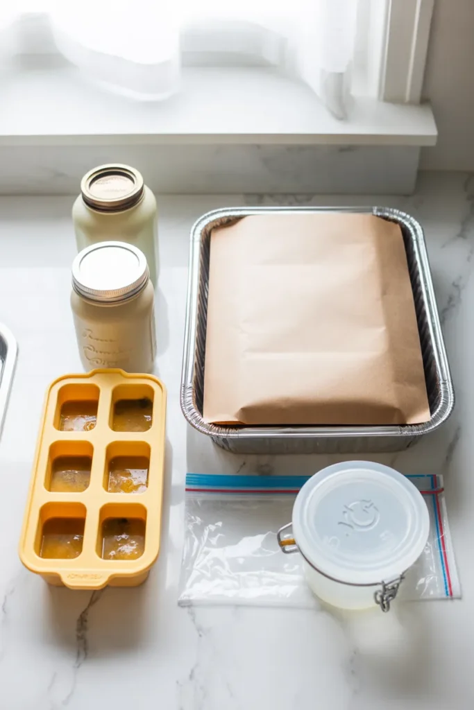 Five types of freezer meal containers including Souper Cubes, mason jars, aluminum pans, freezer bags, and glass containers