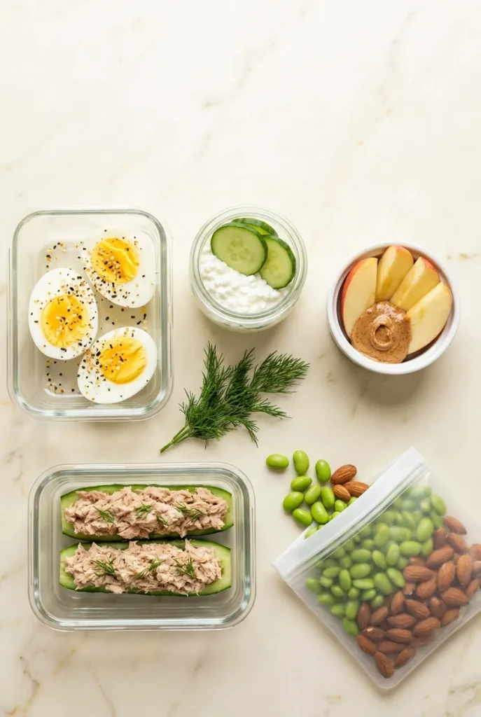 Five weight loss snack meal prep containers including hard-boiled eggs, cottage cheese cucumber cups, apple with almond butter, tuna boats, and edamame mix.