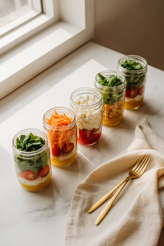 Five wide-mouth mason jar salads with rainbow layers lined up on a marble counter for weekly lunch meal prep