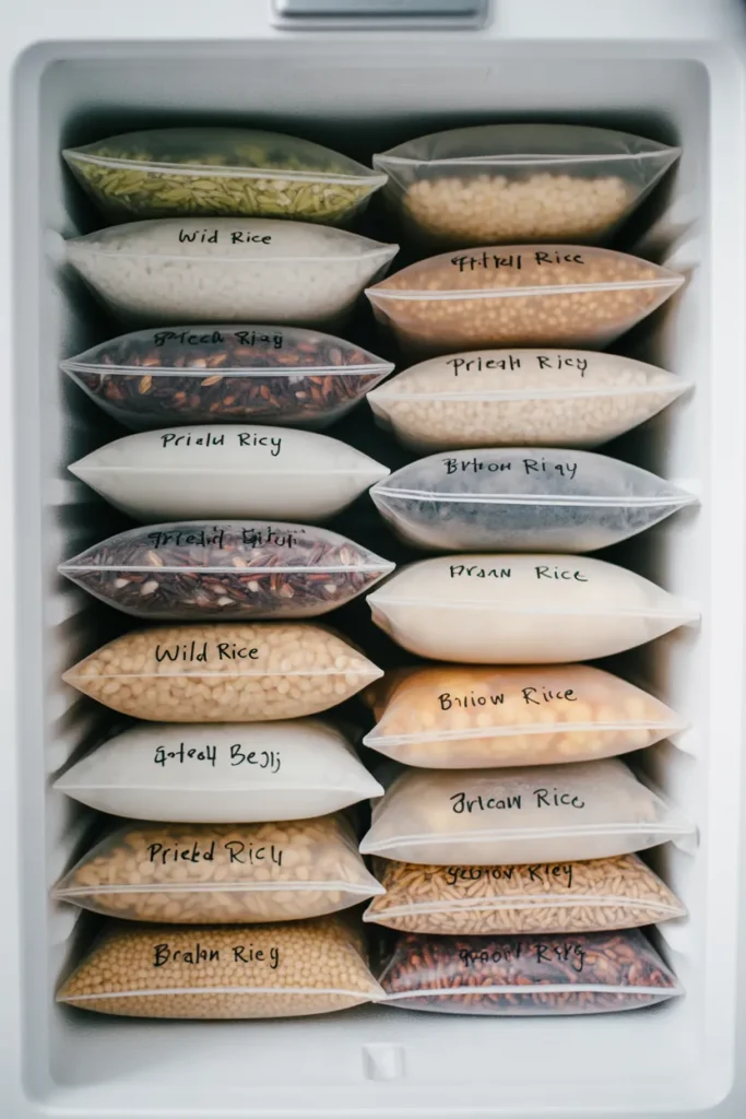 Flat-frozen silicone bags of cooked rice and grains stacked vertically in a freezer drawer with date labels.