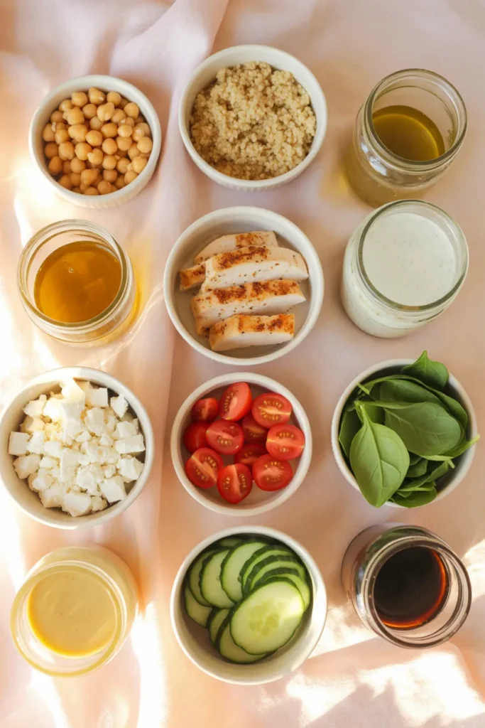 Flat lay of mason jar salad ingredients organized by layer category for build-your-own meal prep